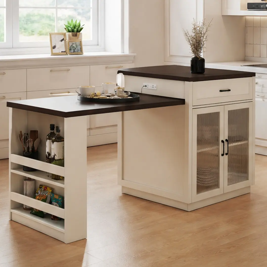 ARCH Extendable Creamy White MDF-Glass Tabletop Kitchen Island, Durable Space-Saving Furniture, 83.1'' Unit with Slide-Out Table, Storage Racks, Power Outlet, USB Port, Spice Organizer, Breakfast Bar, Prep Workstation for 2-6 People, Indoor Home Furniture