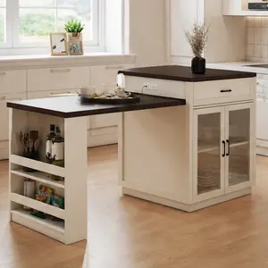ARCH Extendable Kitchen Island with Slide Out Table and Storage Racks for 2-6 Person, Creamy White MDF+Glass, 83.1'' Dining Table with Power Outlet, Breakfast Bar, Prep Station, Workstation, Home Furniture, Creamy White Color Options