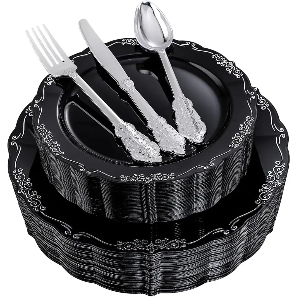 150 Pcs Black and Silver Plastic Plates and Silverware, Disposable. Include 30 Dinner Plates, 30 Dessert Plates, 30 Knives, 30 Forks, 30 Spoons for Wedding