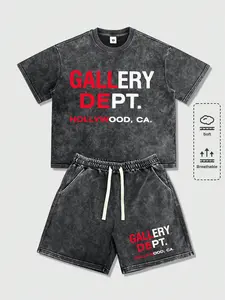 Lightweight vintage casual athletic set for men featuring letter print; American style with a washed distressed look, premium feel, loose fit, versatile design. Short-sleeve T-shirt and shorts set suitable for running, golf, fishing, basketball, camping,