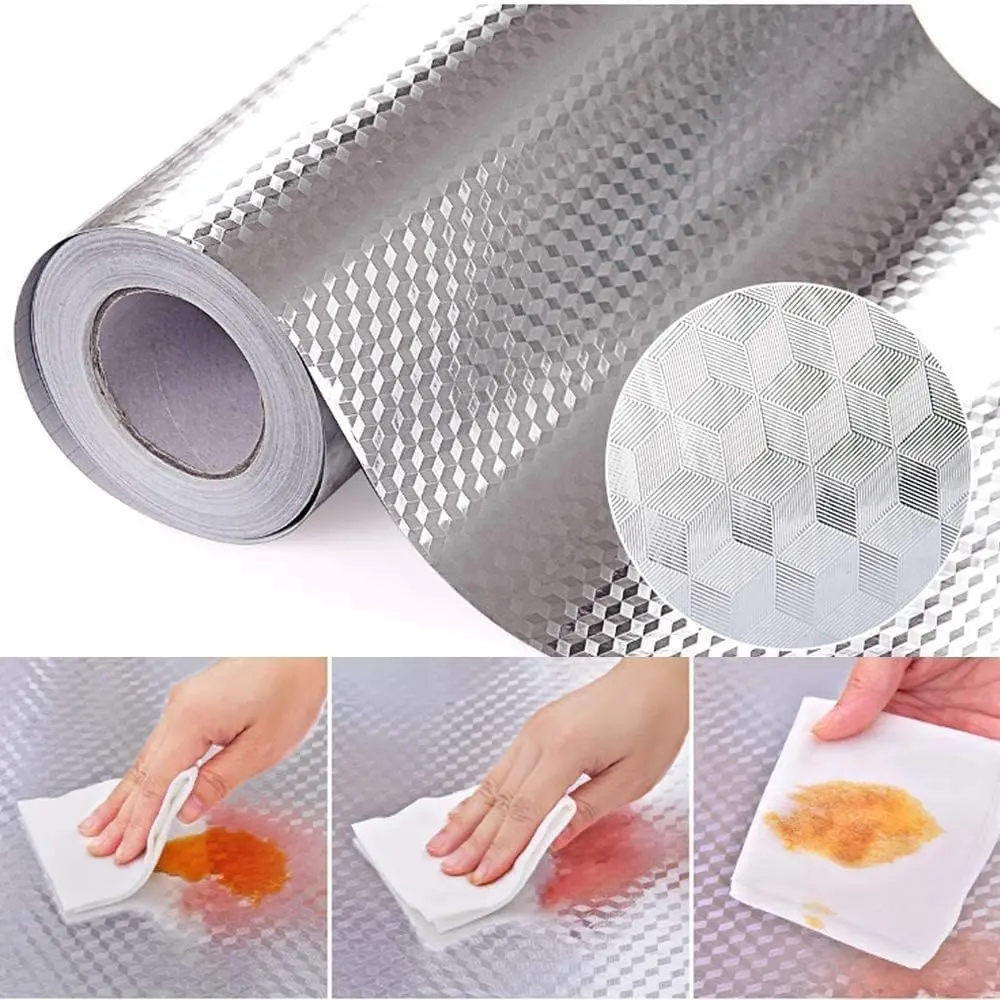 Self-Adhesive Aluminum Vinyl Wallpaper, 15.7x196.9in Easy-Install Cuttable Oil-Proof Waterproof Peel-and-Stick Liner, Heat-Resist Easy-Clean Metallic Silver Contact Paper for Countertops, Cabinets, Renter Friendly