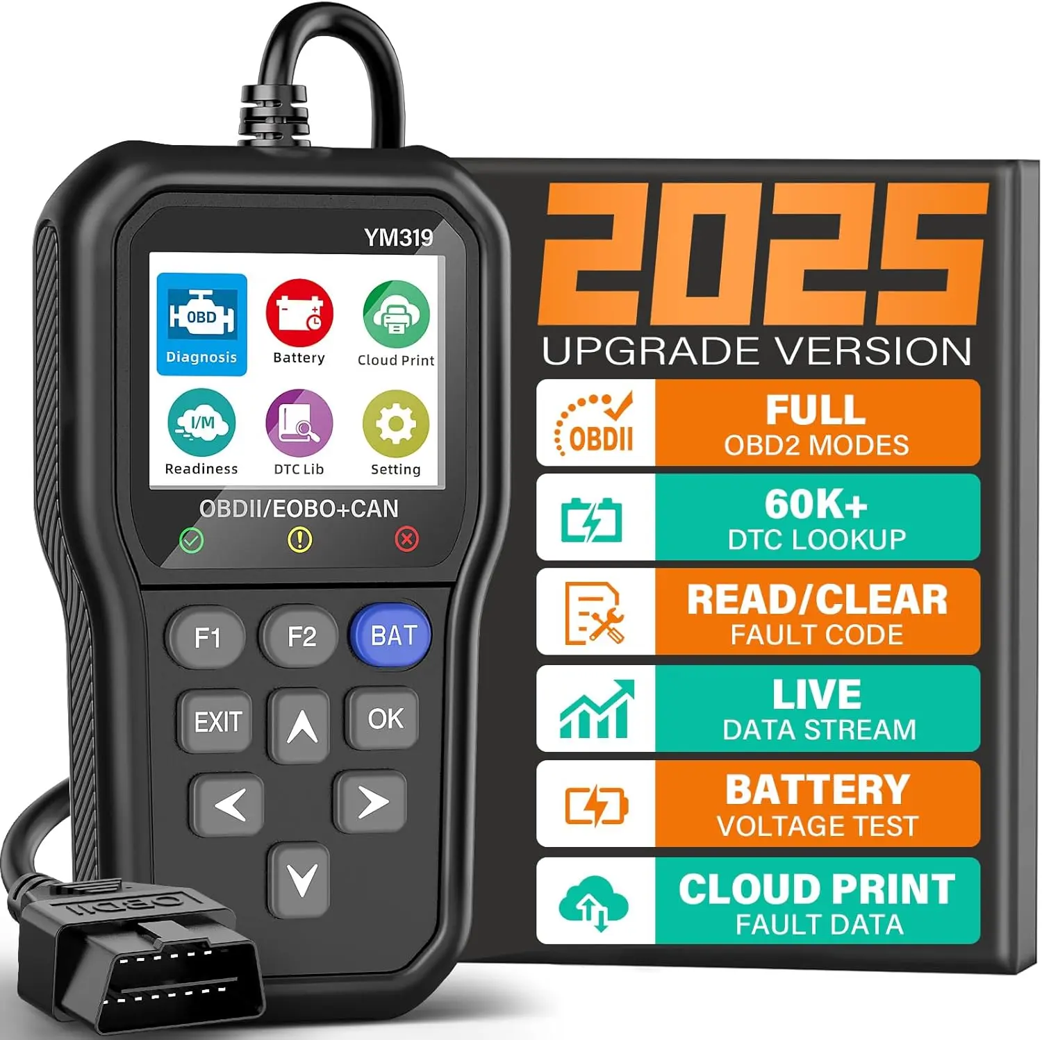 Bluson YM319 OBD2 Scanner Diagnostic Tool with Battery Tester, Check Engine Fault Code Reader with Live Data, Cloud Printing, DTC Lookup, Freeze Frame, Scan Tool for All OBDII Protocol Cars since 1996 BluSon