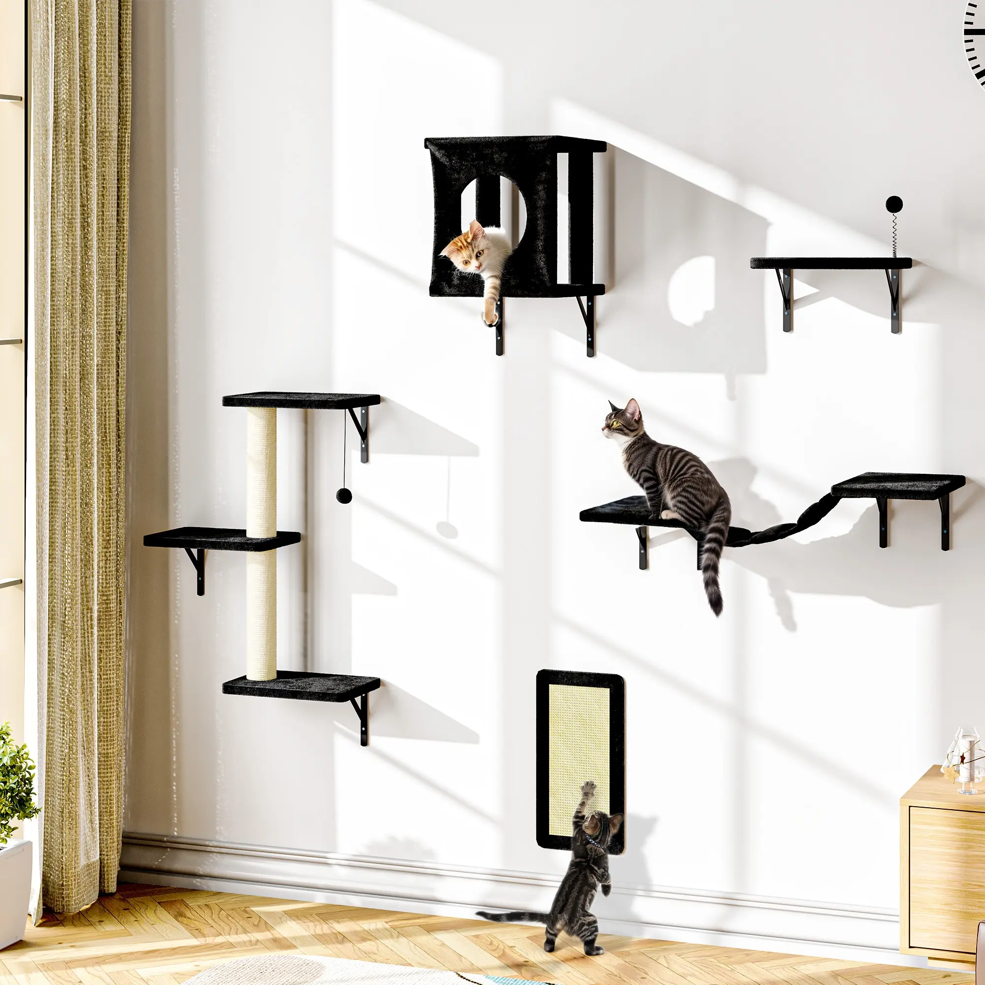 5-Piece Wall-Mounted Cat Climbing Set – Cozy Cat House, Scratching Board, Cat Tree, Hammock & Jumping Platform, Halloween Cat Furniture