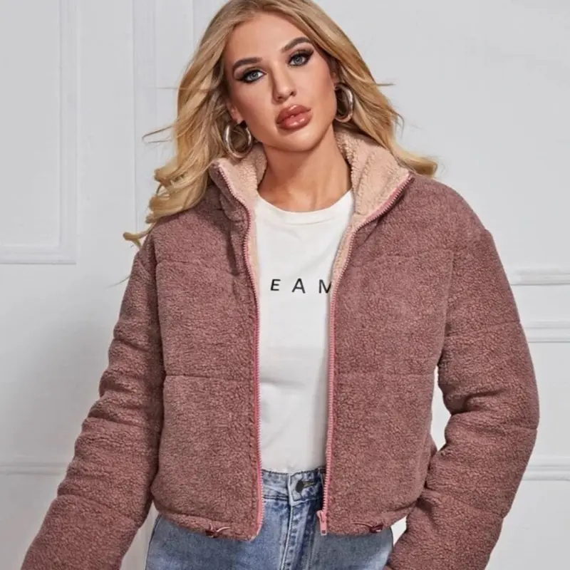 Blush Colored Crop Fit Teddy Jacket for Women - Soft and Cozy Design  Size L