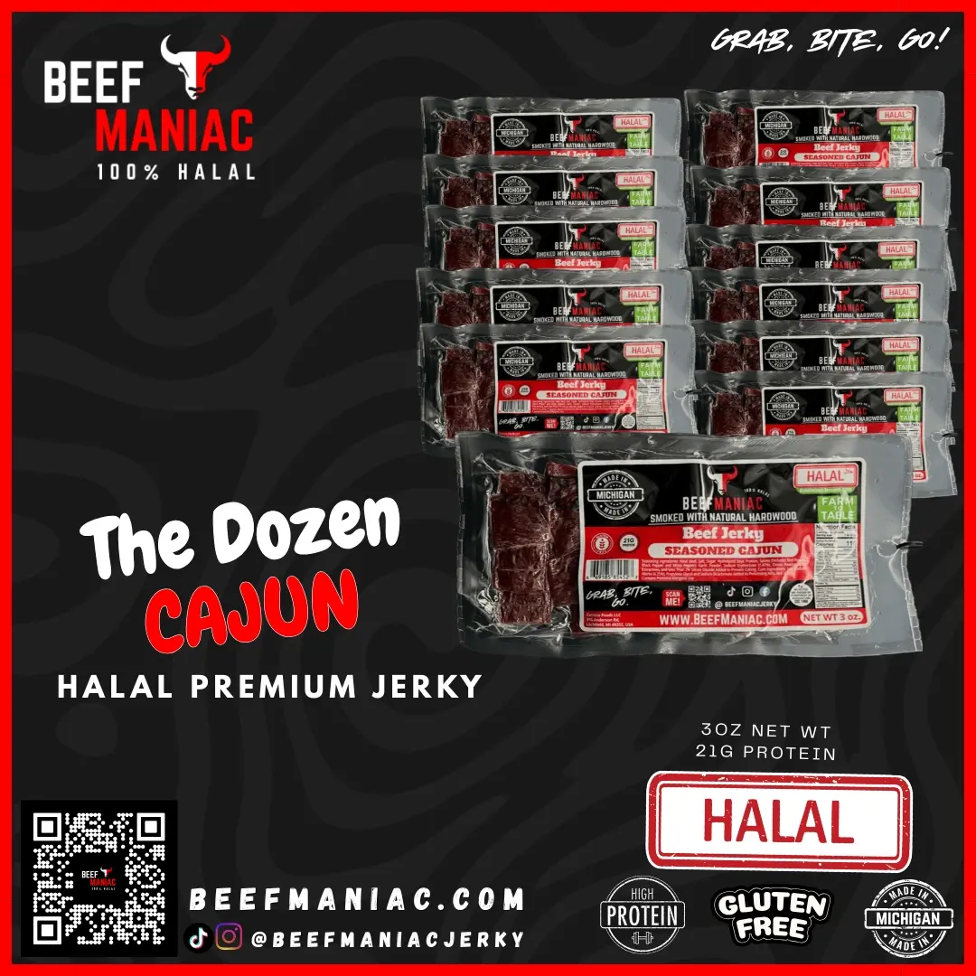 Halal Beef Jerky Dozen Cajun by Beef Maniac | Natural Hardwood Smoked Premium Jerky Made in Michigan