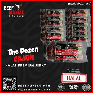 Halal Beef Jerky Dozen Cajun by Beef Maniac | Natural Hardwood Smoked Premium Jerky Made in Michigan