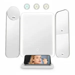 Portable LED Light Makeup Mirror, 3-fold Foldable Rechargeable Mirror with 2x 3x 10x Magnification, Touch Control Mirror for Travel Bedroom