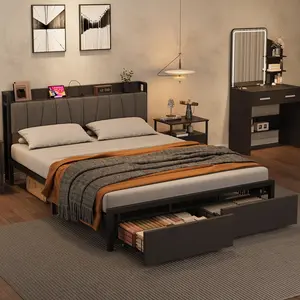 King Size Bed Frame with 2 Storage Drawers and Headboard with Charging Station, Sturdy Metal Slats Support, Noise-Free, No Box Spring Needed, Easy Assembly