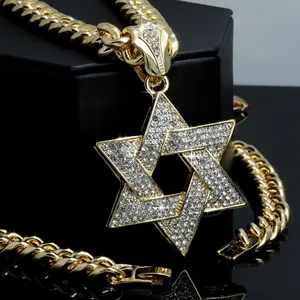 Men's Large Star of David CZ Gold Plated Pendant & 10mm 18" 20" 24" 30" Cuban Chain Hip Hop Style Necklace Jewelry