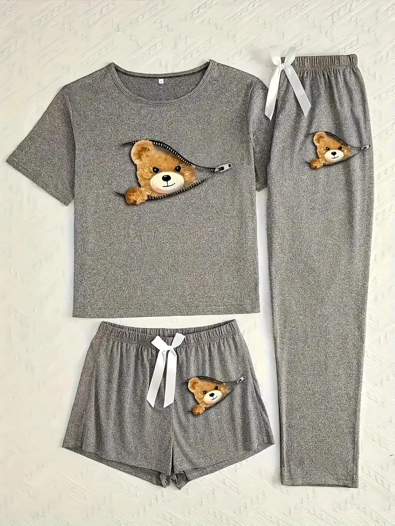 Women's Cartoon Cat Print Pajama Set, 3 Piece Sleepwear Collection, Casual Fitted Nightwear for All Seasons, Pajamas Lounge elevated basics sophisticated refined contemporary must have