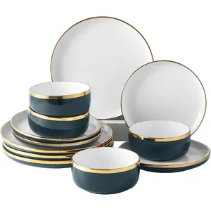 Porcelain Dinnerware Sets, 12 count Luxury  Plates and Bowls Sets, Green Dishes Set  Rim for Wedding Anniversary Birthday, Modern Dinner Plates Set