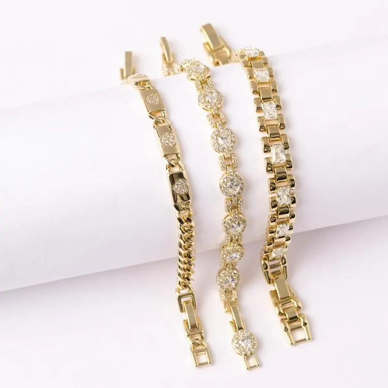 14K Gold Plated Bracelet 7” + 2cm Extension – Cuban, CZ Halo & Rectangle Link Designs (Sold Individually)