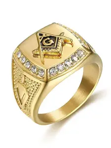 Men Women Hip Hop Freemasonry Ring, Stainless Steel Sparkling Diamond Inlay Jewelry Gift, Fashion Holiday Accessory, Unisex Appeal, Statement Ring