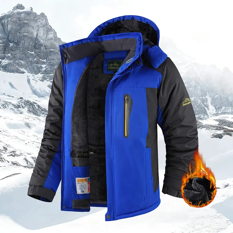 Men’s warm fleece-lined hooded winter outdoor jacket, waterproof windproof heavy coat ready for snow, insulated outerwear with functional zippered pockets for skiing, hiking, camping, mountain trips, and everyday wear on cold days
