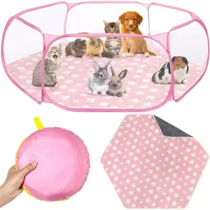 Hamster Playpen with Mat Small Animal Cage Tent Breathable Transparent Guinea Pig Playpen Waterproof Portable Foldable Exercise Yard Fence for Indoor Outdoor (Pink,Star)