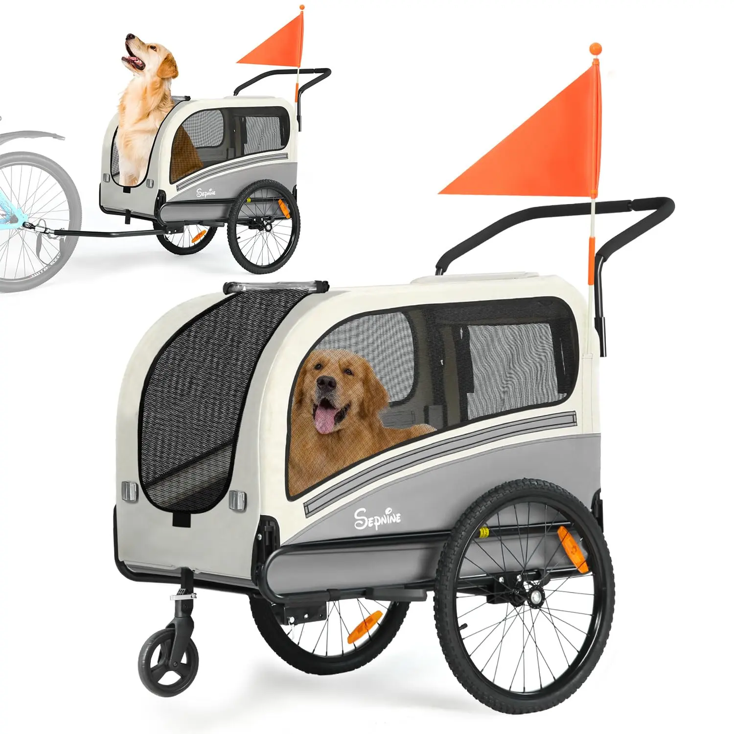 SEPNINE 2-in-1 Metal Easy-Folding Dog Bike Trailer & Pet Stroller Cart, 88 lbs Capacity, Universal Bicycle Coupler, Quick-Connect Quick-Release Wheels, Non-Slip Floor, Internal Leash, Reflective Strips, Safety First Pet Travel Accessory for Bike Rides, Un