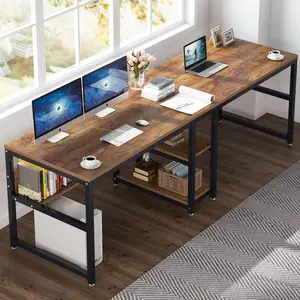 LITTLE TREE Two Person Desk with Bookshelf, 78.7 Computer Office Double Desk for Two Person, Rustic Writing Desk Workstation with Shelf for Home Office