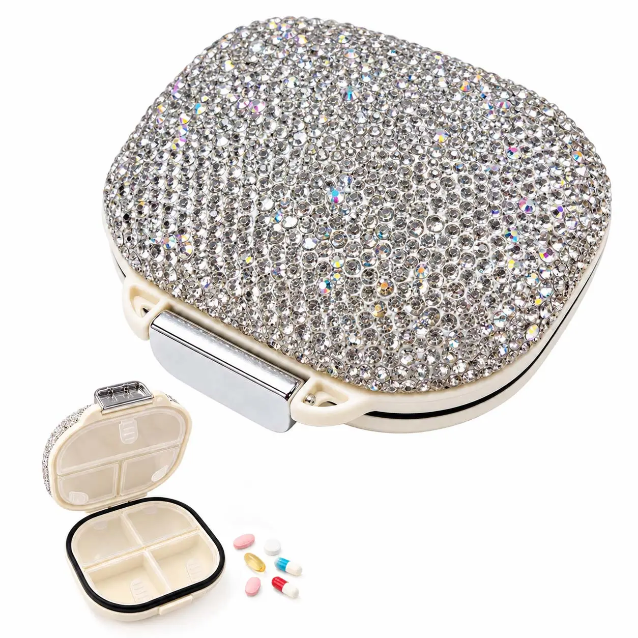 Rhinestone Pill Organizer - Compartmental 4-Compartment Bling Sealed Case, Luxurious Compact Purse-Size Home/Travel Medication Container for Organized Meds, Vitamins for Women, Exquisite Gift