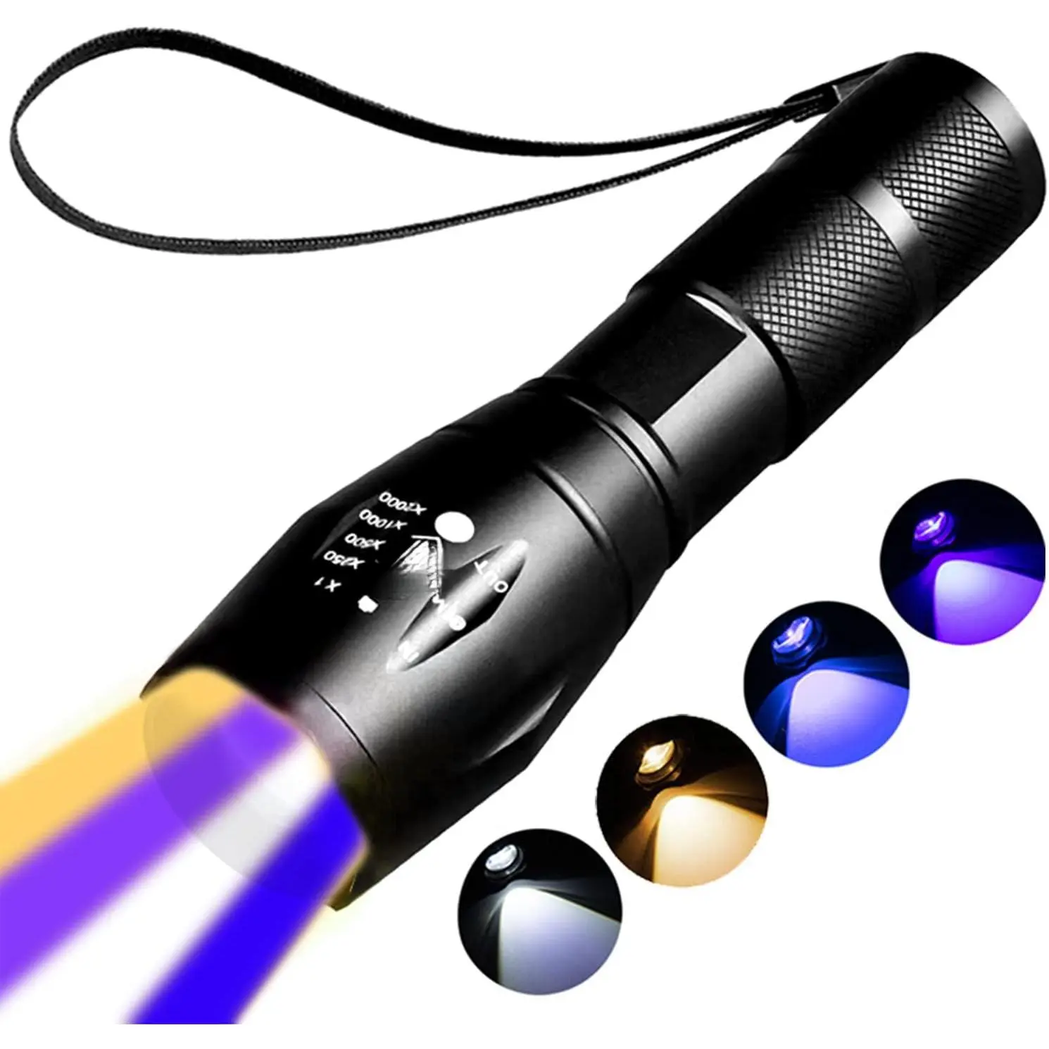 Rechargeable Multi-Function Flashlight - 4-in-1 UV, Black Light, & Blue/White/Yellow Beams, Blood Tracking, Scorpion Detection