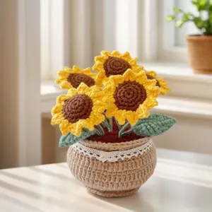 DIY Flower Potted Crochet Kit with Video Tutorials Artificial Small Potted Plants Wear Resist Hand Woven Knitting Kit for Home Room Decor Desktop Ornament