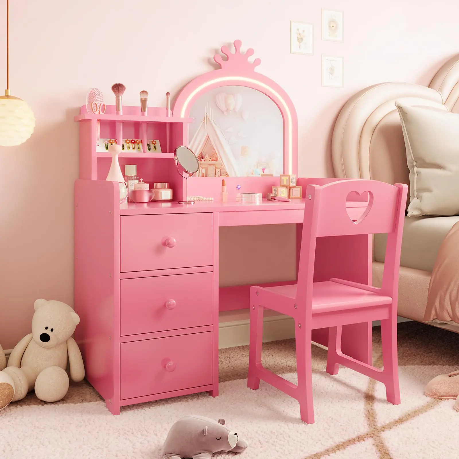 Garvee 2-in-1 Wooden Vanity Table with Tri-Fold Mirror, Stool, 3 Drawers, Shelves, Storage, and Lighting Features – Elegant Makeup and Dressing Table in White and Pink