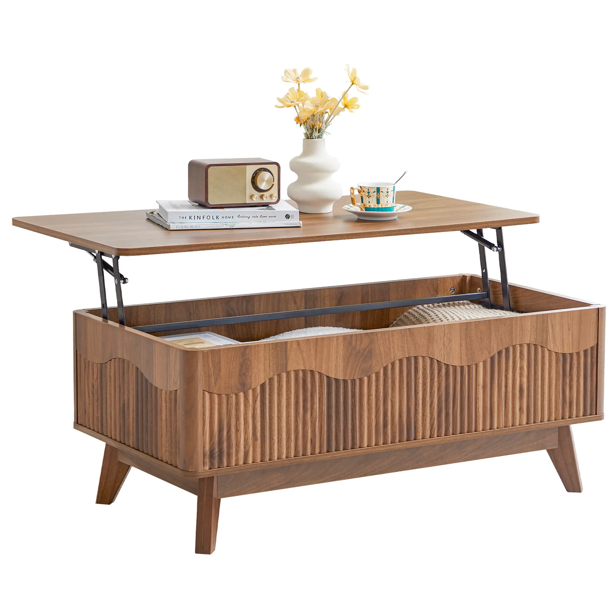 FurSch Lift Top Coffee Table with Hidden Storage Compartment, Fluted Wave Panel Rectangular Center Table for Living Room