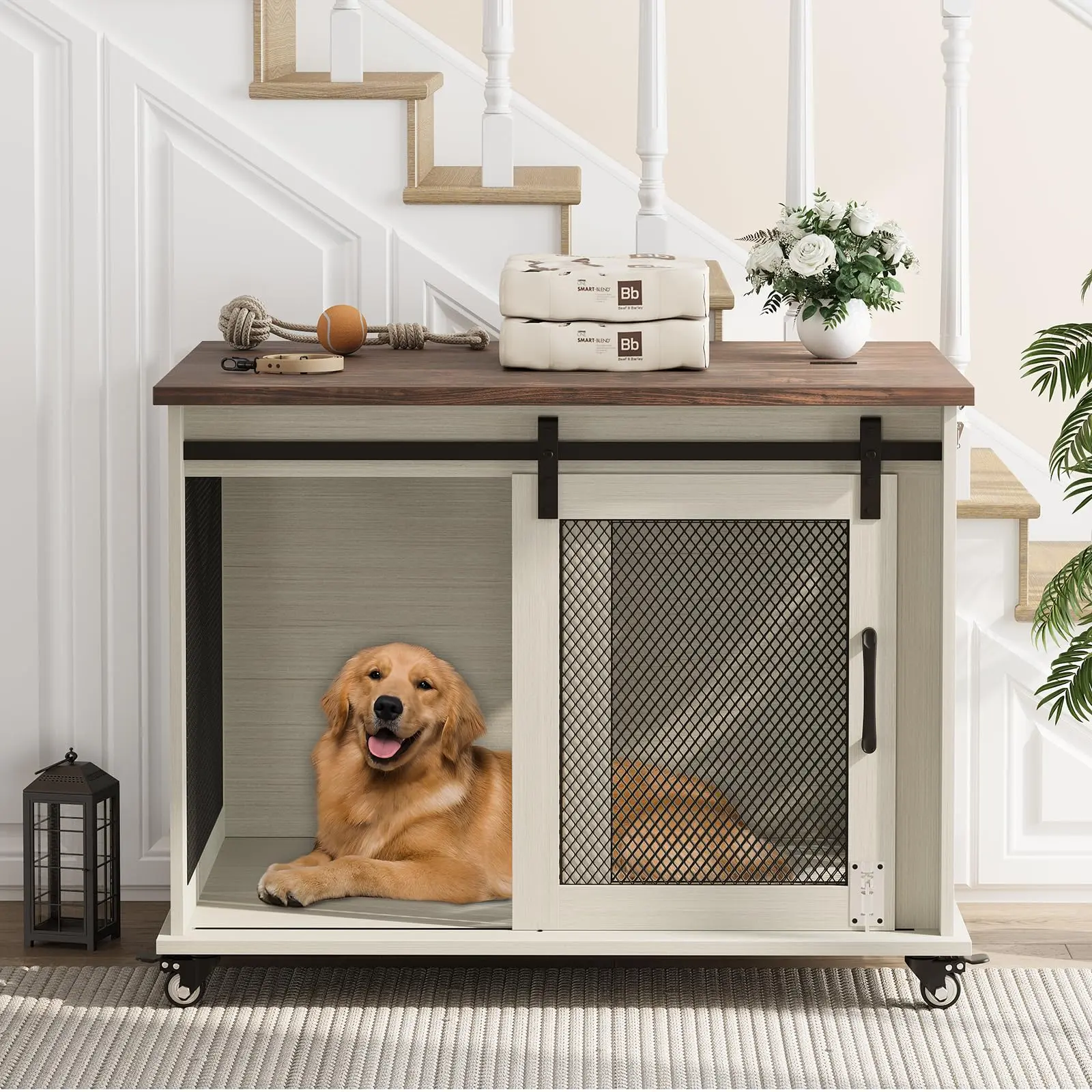 37" Flip-Top Wooden Dog Crate Furniture, Wooden Kennel with Removable Divider, Wheels, Stylish Farmhouse Design for Small to Medium Pets, Wooden Crates