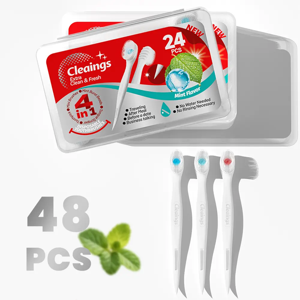 4‑in‑1 Portable Mini Travel Toothbrush Set, 2‑Boxes Total 48‑Count - Dry Mint Flavor Toothpaste Toothbrushes with Toothpick,  Oral Care Tools for After Meal Mouth Care & Fresh Breath, Gel, Teeth Cleaner Oral Hygiene Essentials Teeth Cleaning Kit