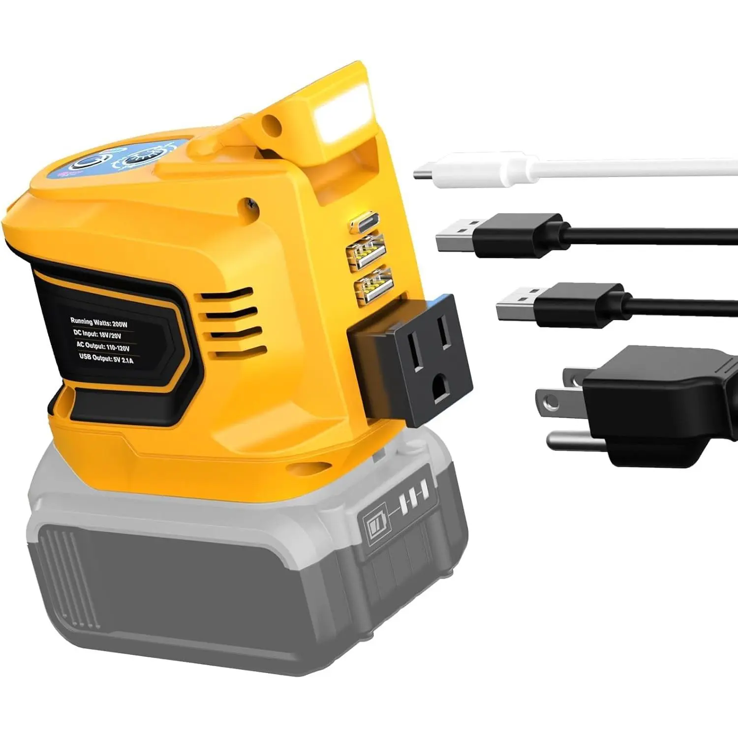 200W Portable Power Inverter  with DeWALT 20V Battery, DC 20V to AC 110V Power Station with 1 AC Outlet, 2 USB, 1 Type-C & LED Light,  Outdoor Emergency Use (No Battery)