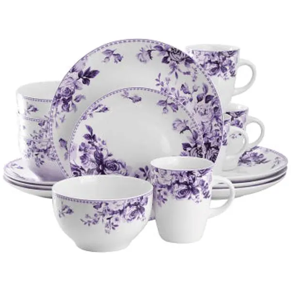 Elama 16-Piece Aesthetic Traditional Purple Rose Stoneware Tableware Set - Cutlery-Included, Dishwasher Safe, 4-Person Dinnerware Service, Kitchen Dishware, Party Tableware, Dining, Bowl Set, Dinnerware Service Set