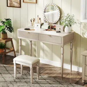 Luxury Height-Adjustable Classic 39.4"-Wide Solid Wood Makeup Vanity Desk Set with Round Mirror, 4 Drawers, Strip Flutes, Preassembled Stool