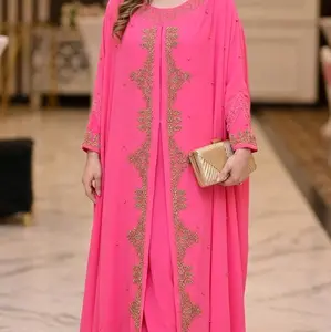 Women's Pink and Gold Embroidered Kaftan Abaya - Modest Muslim Maxi Dress, Traditional Islamic Clothing for Weddings, Eid