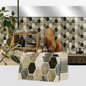 6/12/24/48PCS FG Retro Tile Stickers | PVC Crystal Film Retro Brown Gray Hexagon Pattern | Rectangle Peel & Stick Backsplash | Self-Adhesive Waterproof Oil-Proof for Kitchen Bathroom Floor Tile Wooden Surface Home Decor