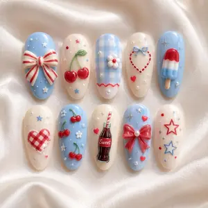 ES13 Sweet Americana Press-On Nails, 3D Cherry Ribbon Popsicle Design, Blue Gingham Heart Star Details, Cute Handmade Summer Picnic Nail Art, Retro Cottagecore Press Ons