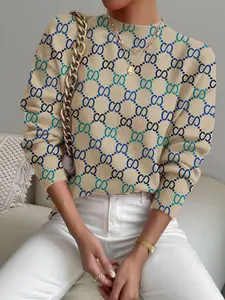 Women's Gradient Geometric Plaid Ombre Print Stand Collar Fitted Sweater, Fall Winter Casual Long Sleeve Knitwear, Comfortable Warm Daily Wear