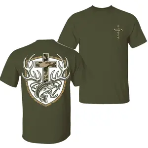 Christian Fishing Hunting Shirt | Camo Cross Bass Antlers Anchor Tee | Faith Outdoor Graphic T-Shirt | Religious Hunter Fisherman Shirt