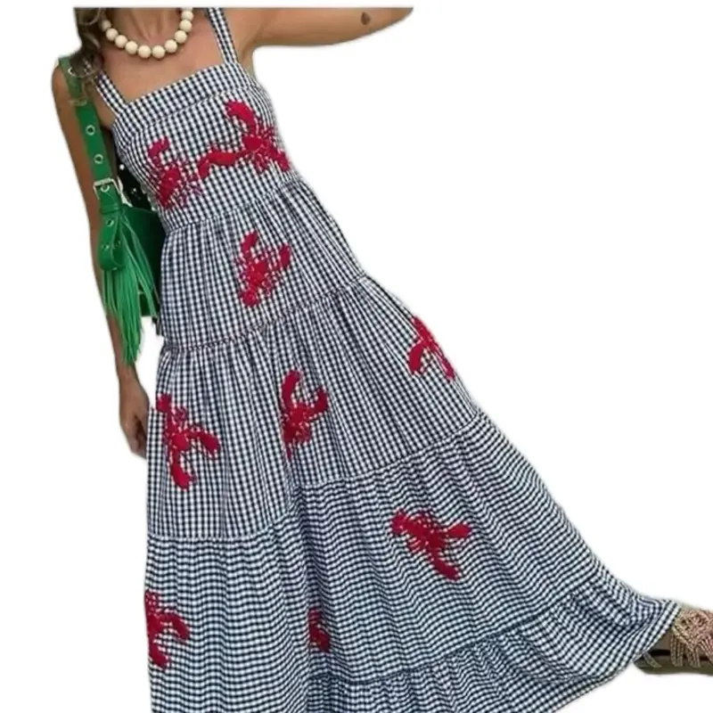 R8 Fashion Women's Polyester Maxi Dress - Lobster & Plaid Print Sleeveless Tank Top Style with Ruffled Hem Casual Vacation Wear All-Season Comfort Fit Fabric Womenswear Collar Gamis Summer FH2834158
