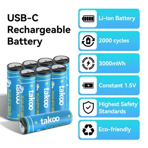 TAKOO Li-ion 1.5V USB-C, Type-C AA/AAA Batteries 4/8 Pack, 3000mWh Rechargeable Double A/Triple A Battery, 1.5H Fast Charge, 2000+ Cycles, for Blink Outdoor Xbox Charging
