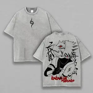 Kakashi Hatake Washed Tee Naruto Unisex Oversize Anime T-Shirt for Anime Fans Casual Wear Soft Breathable Lightweight Crew Neck Regular Fit Machine Washable Comfortable Cotton Top Menswear Top Man Tshirt Streetwear Oversized Crewneck Tropical Bestie