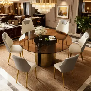 Bellemave 59-in Modern Round Dining Room Set - Dark Brown Glass Tabletop Table with Antique Copper Carbon Steel Leg Base, 1 Table + 6 Chairs for Family Kitchen & Living Room