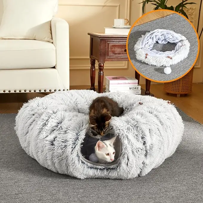 Indoor Cat Tunnel Bed - Cute Cat-Shaped Donut Tunnel Toy With Washable Round Pad, Suitable For Kittens, Puppies, And Rabbits As A Round Pet Peekaboo Cave Toy. An Ideal Gift For Pets.