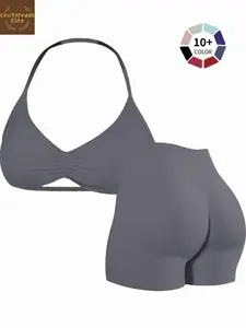 Women's Two-Piece Set, Solid Color Halter Top & High Waist Shorts, Sporty Breathable Quick-Dry for Yoga Gym Workout Running