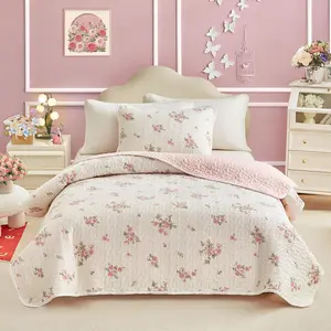 Twin Size Quilt Set for Girls, Floral Pink n White Design, 2pcs Soft n Cozy Microfiber Quilt, Bedspread Bed Cover for All Season- 68x88 inches