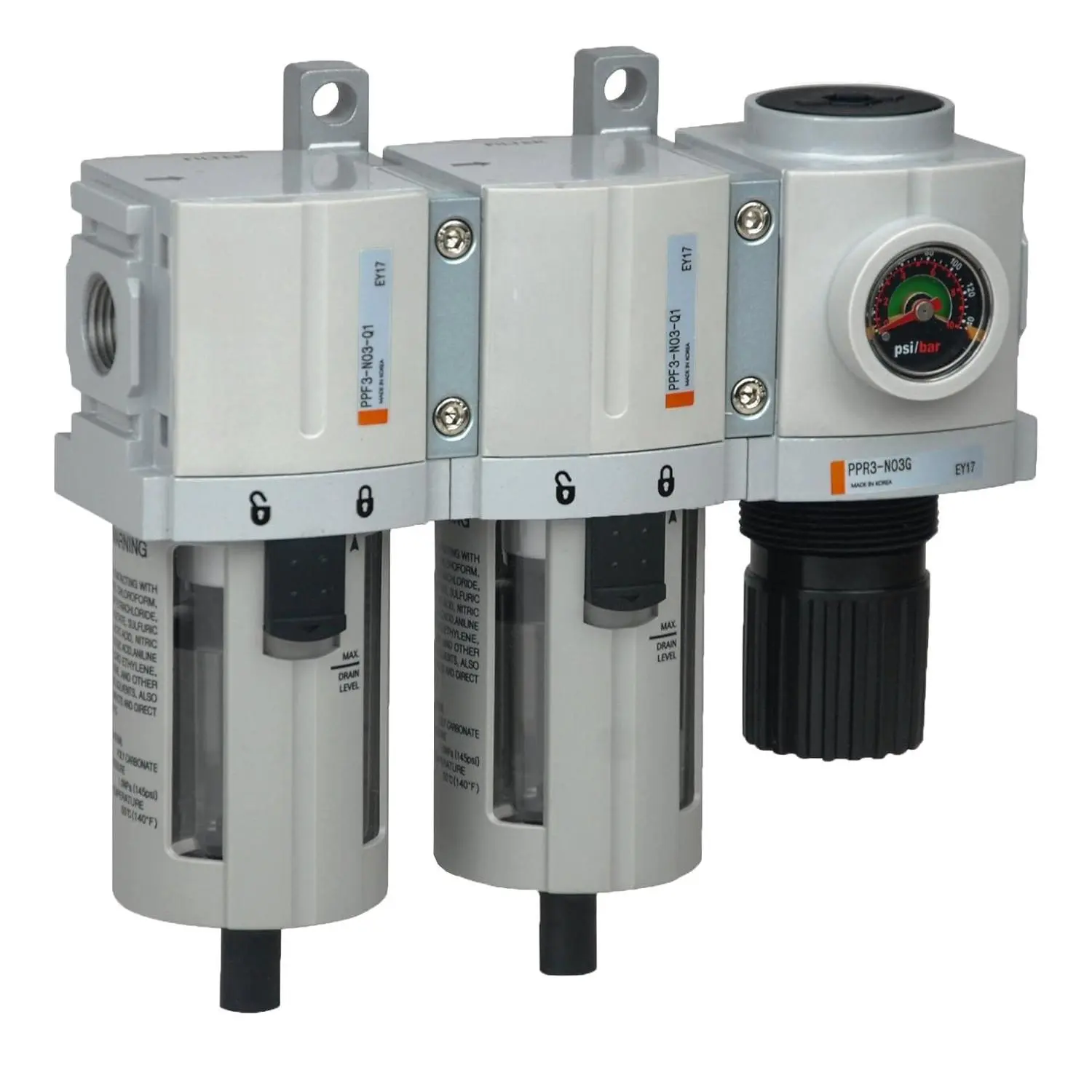 PPC3C-N02G Compressed Air Drying System- Particulate Air Filter, Coalescing Filter & Air  Regulator Combo 1/4" NPT (High Flow), Poly Bowl with Guard, Manual Drain