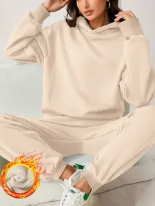 Women's Casual Hooded Sweatshirt Set, Thick Fleece Lined, Loose-Fit Jogger Pants, Fall & Winter, Two-Piece Tracksuit
