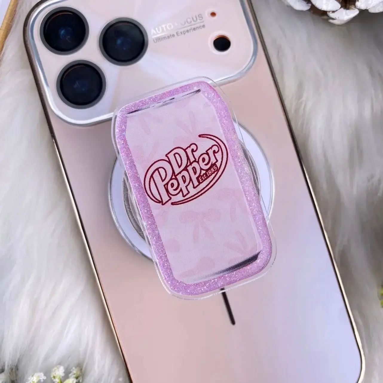 Dr. Pepper Glitter Pink PopSocket – Cute Soda Can Design, Pink Glittered Phone Grip, Perfect Accessory for Dr. Pepper Lovers, Unique Gift for Friends & Family