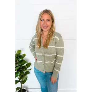 Everyday Striped Lightweight Button Cardigan - Sage