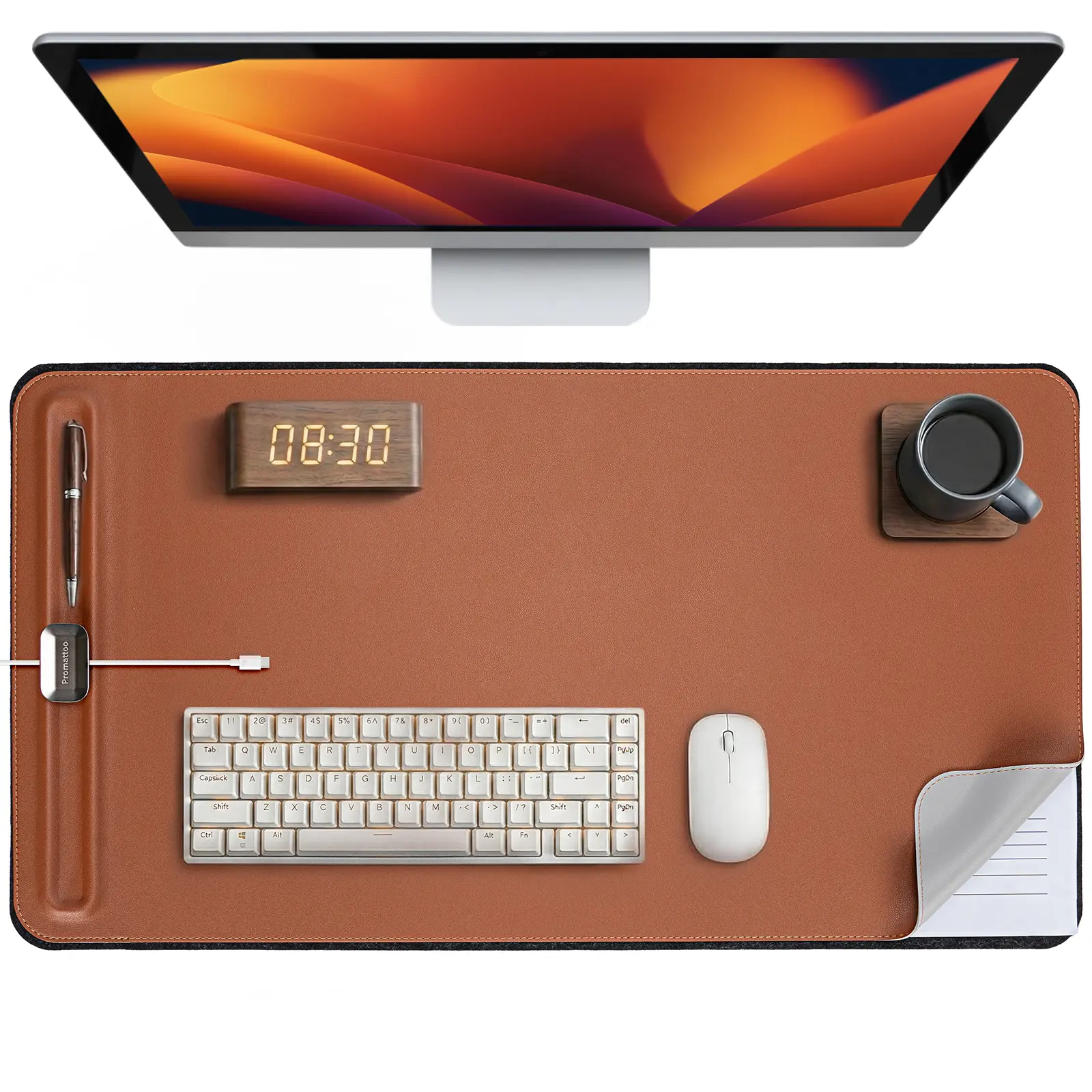 Large Premium Double-Sided Faux Leather & Felt Desk Mat - Non-Slip, Oil-Resistant, Built-In Magnetic Cable Organizer, File Storage Area - Home Office Desk Accessory for Creative Spaces (Brown)