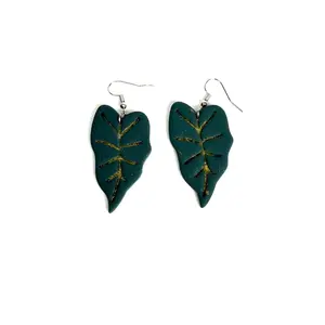 Emerald Leaf Dangle Earrings | Gold Vein Detail | Handmade Polymer Clay | Lightweight | Hypoallergenic Jewelry