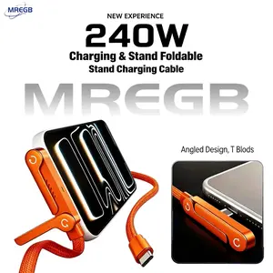 MREGB 240W 2-in-1 Fast Charging Cable with Invisible Phone Stand, Foldable Durable Type-C Charger Cord Compatible with iPhone Samsung for Gaming Office & Car Travel Device Portable